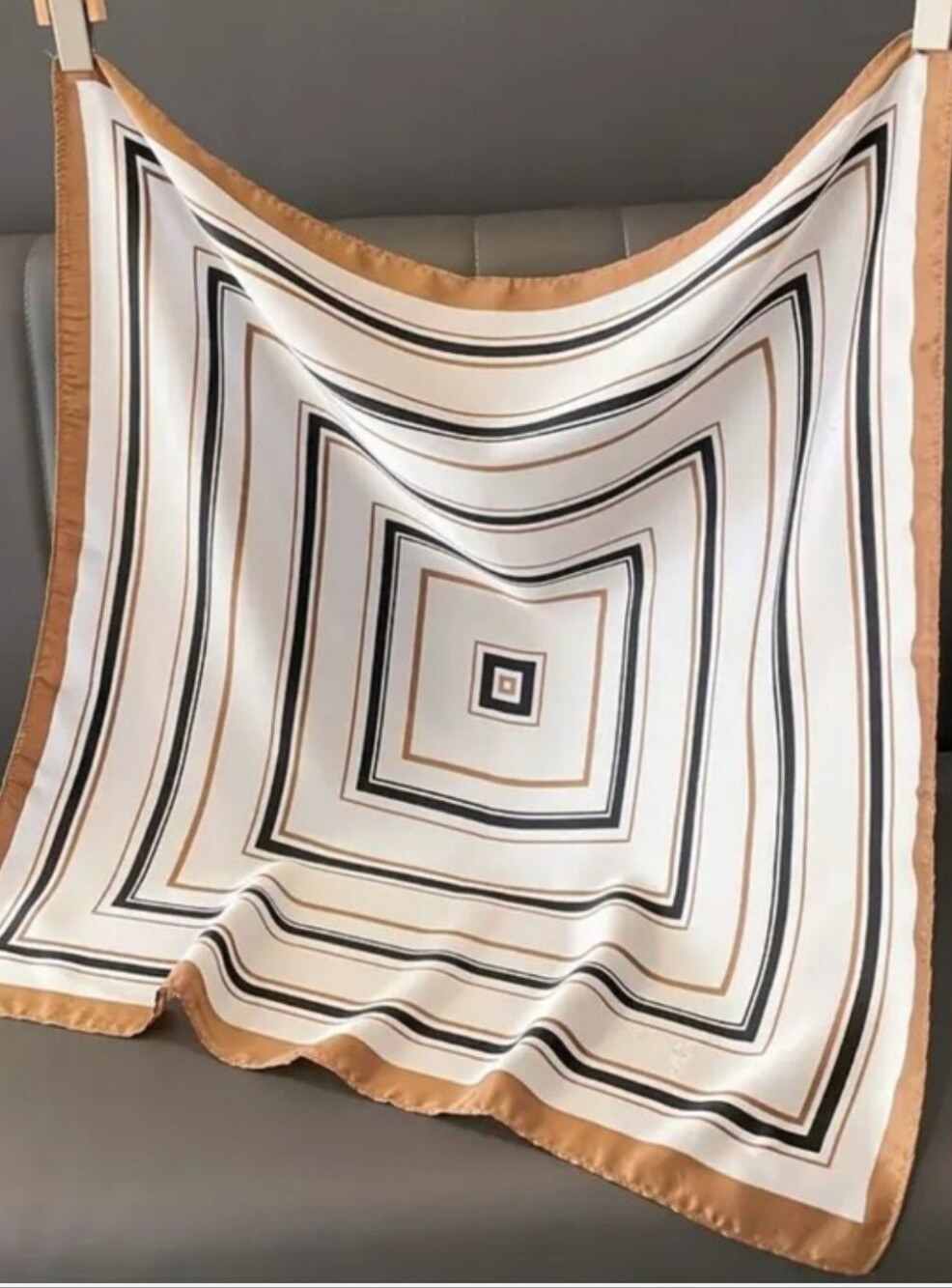 Silk- Feel Square Throw in White and Tan Women Head Scarf, Neck Scarf